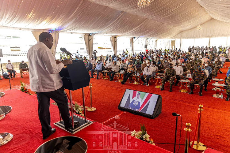 President Uhuru Kenyatta speaks at the commissioning of the Kenya Shipyards Limited's at the Kenya Navy Base in Mtongwe on December 17, 2021.