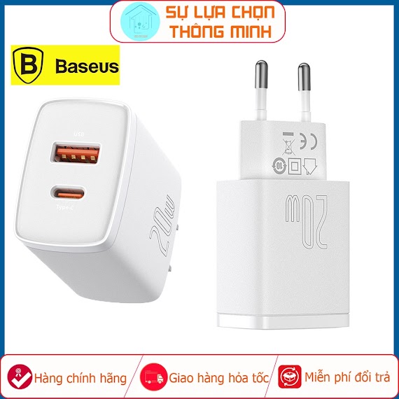 Củ Sạc Nhanh Pd 20W Baseus - Cổng Usb + Type C - Tích Hợp Pd/Qc 3.0 - Bảo Vệ Thông Minh - Sạc Nhanh - Hàng Chính Hãng