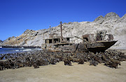A shipwreck and seal colony on the Skeleton Coast in the Namib-Naukluft National Park.