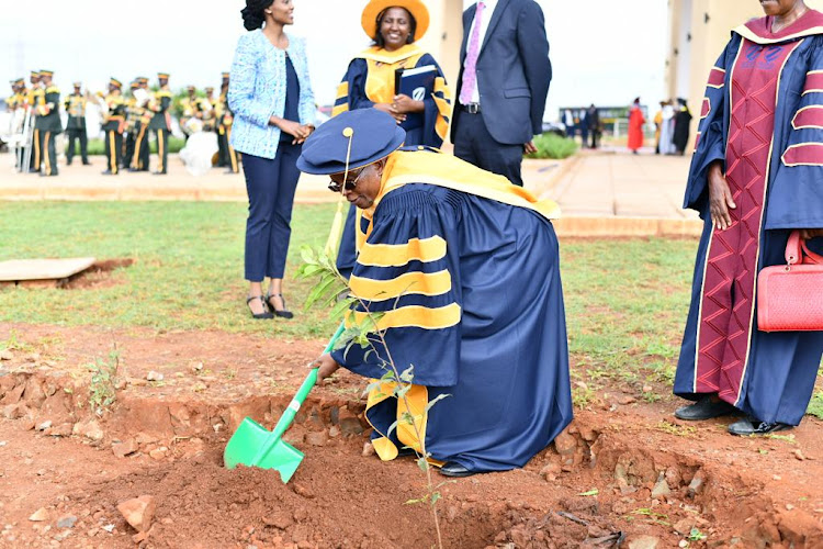 Zetech University Vice Chancellor Prof Njenga Munene plants a tree at the University's Mang'u campus.