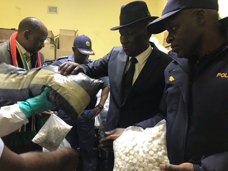 Minister of police Bheki Cele at a drug lab in Harding, KwaZulu-Natal on July 26, 2018, where mandrax and equipment valued at nearly R250-million was seized.