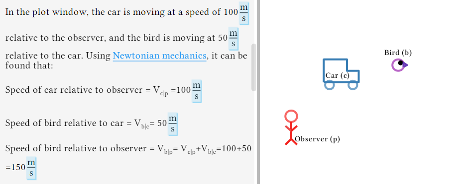 Screenshot of a Maple Learn document. The right side shows a paused animation of an observer, a moving car, and a moving bird. The left side shows calculations for the relative speeds.