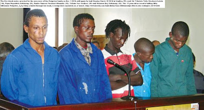 Photo: These are the five black males who stand accused of murdering the Potgieter farm couple on December 1 2010. Little Willemien Potgieter, just 3 years old, was picked up by her hair by one of these 'men' and shot execution-style through the back of her head and then dumped like a dead dog on top of her executed mother. LINDLEY magistrate's court, Free State. They left behind a note saying : ' We killed them. We will be back...  '