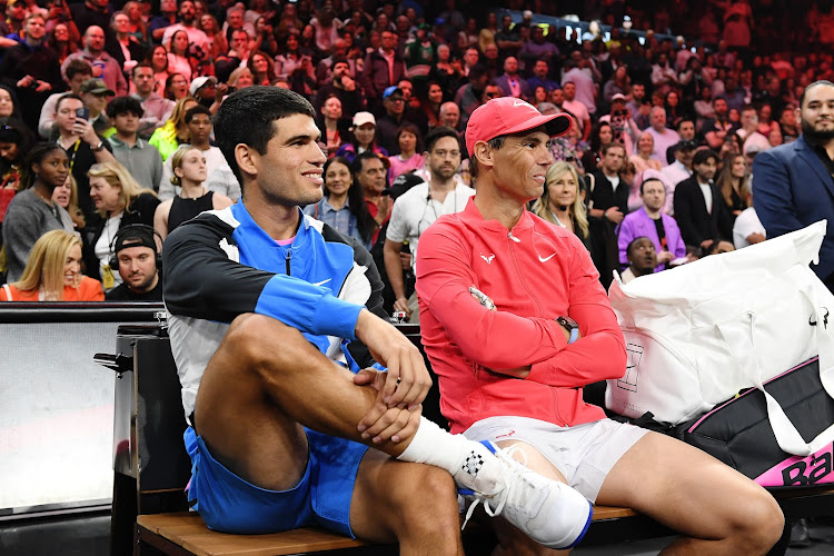 Carlos Alcaraz and Rafael Nadal attend The Netflix Slam, a live Netflix Sports event at the MGM Resorts Michelob Ultra Arena on March 3, 2024 in Las Vegas