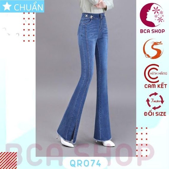 Quần Jean Nữ Ống Loe Qro74 Rosata Tại Bcashop Dáng Dài Cách Điệu Hông, Xẻ Lai, Lưng Cao 2 Nút, Phom Chuẩn