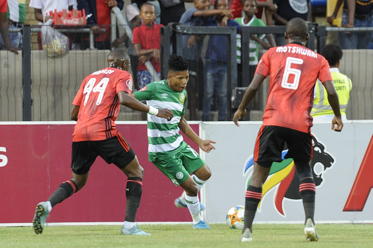 Tebogo Potsane of Celtics and Abel Mabaso and Ben Motshwari of Pirates during the Absa Premiership match between Bloemfontein Celtic and Orlando Pirates at Dr Molemela Stadium on January 04, 2020 in Bloemfontein, South Africa.