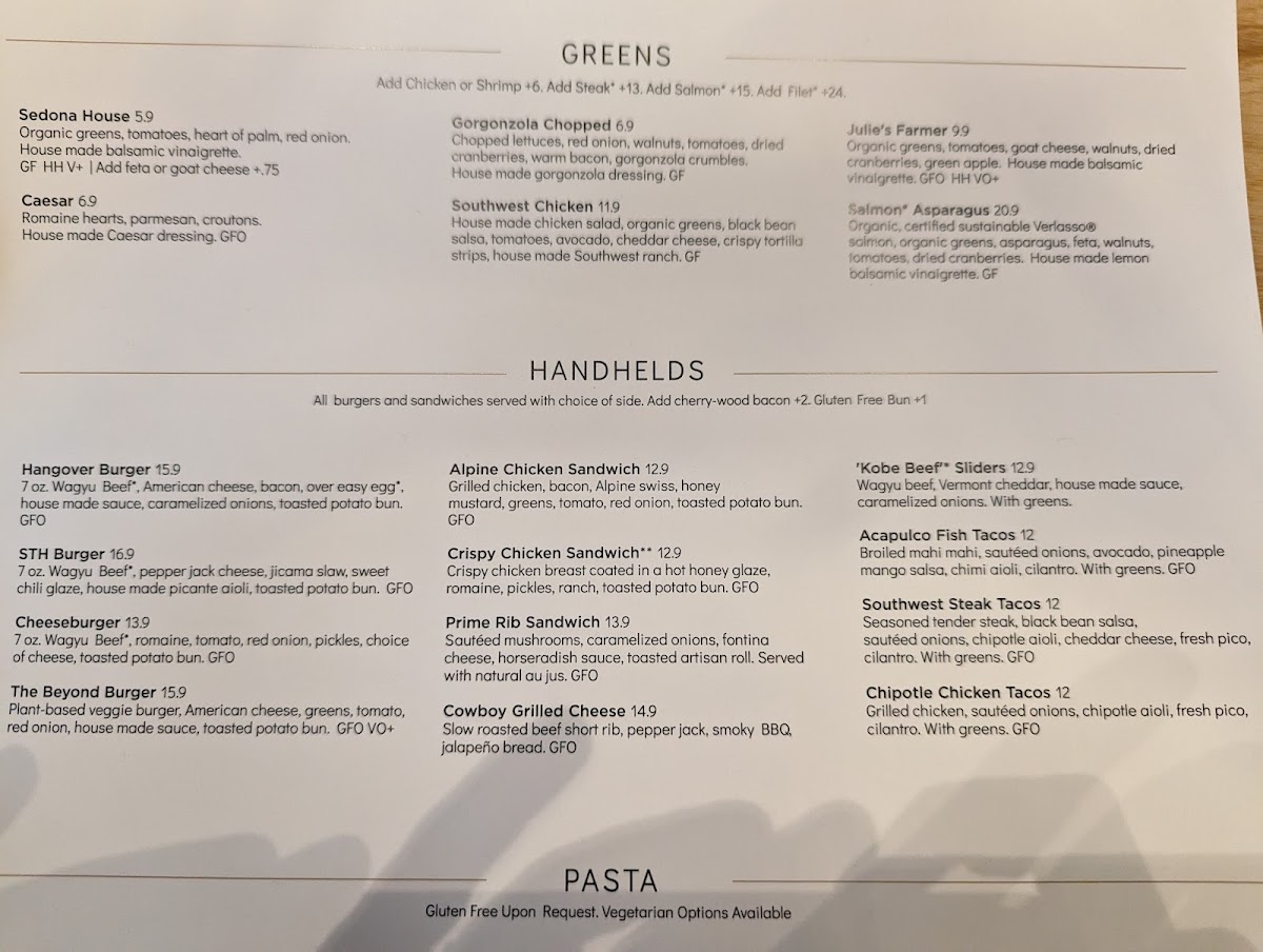 Sedona Taphouse gluten-free menu