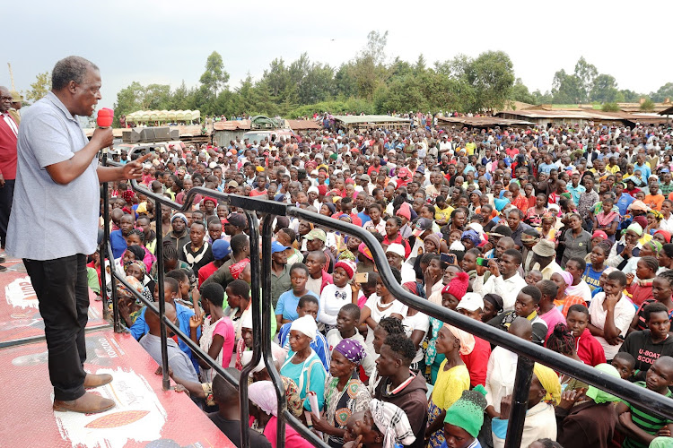 UDP leader Cyrus Jirongo addressing a campaign rally at Malava market on Tuesday