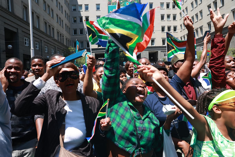 Fans welcoming Springboks team during their World Cup Trophy Tour at FNB at Bank City in Johannesburg CBD.