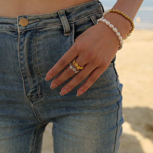 Title 5, 18K Gold Stainless Steel Flower C Shape Ring, n...