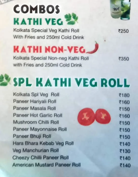 Kolkata Kathi Roll menu 