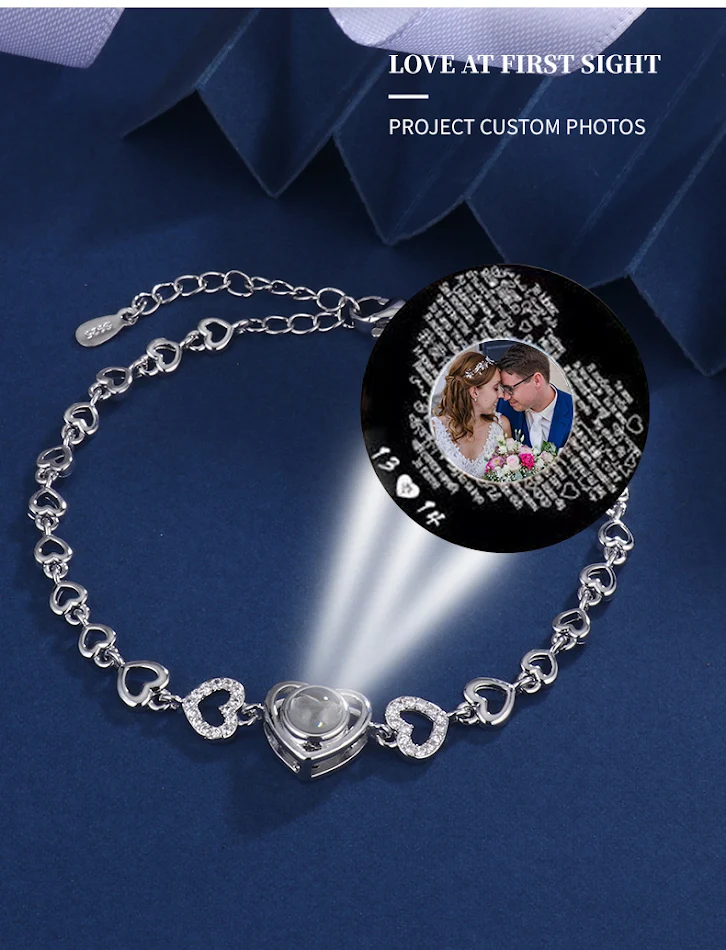 Bracelet photo HD couleur cœur en zircon, projection d'amour, mode tout-aller. Un cadeau parfait et unique pour immortaliser vos souvenirs.