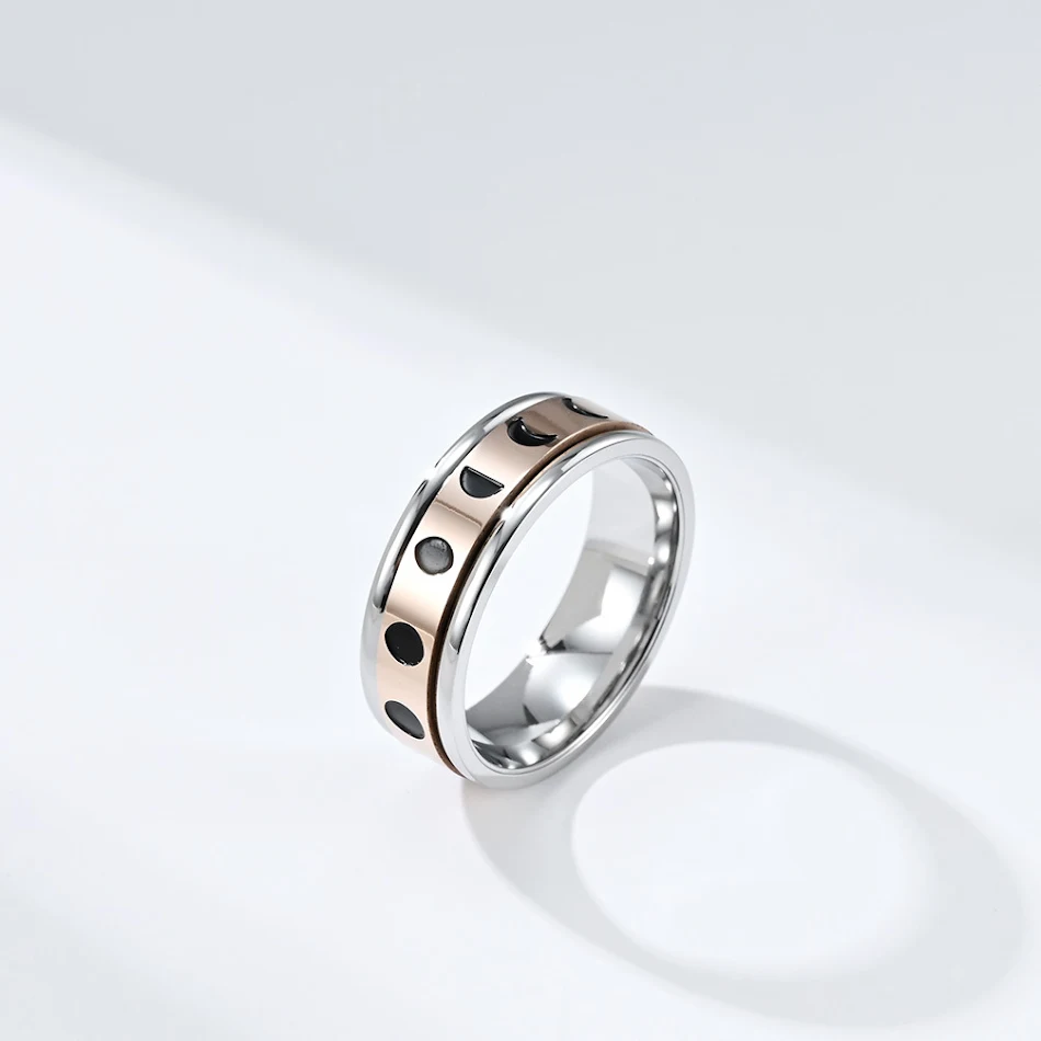 Bague rotative en acier titane Éclipse solaire totale anti-anxiété. Réduit l'anxiété, le stress. Design élégant et apaisant.