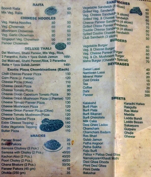 Chawla Sweets menu 