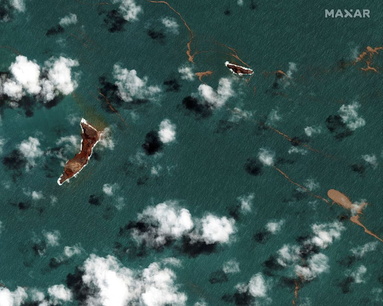 A satellite image shows the Hunga Tonga-Hunga Ha’apai volcano after its main eruption in Hunga-Tonga-Hunga-Ha’apai, Tonga, in this photo taken on January 18 2022. Picture: MAXAR TECHNOLOGIES/HANDOUT VIA REUTERS