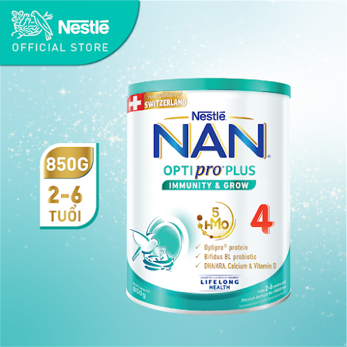 Sản Phẩm Dinh Dưỡng Nestlé NAN OPTIPRO PLUS 4 850g/lon với 5HMO Hỗ trợ Đề Kháng - Tiêu Hóa - Trí Não & Chiều Cao