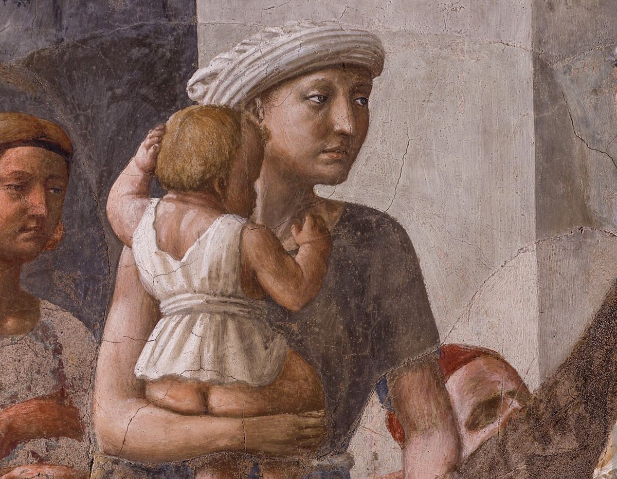 Masaccio, La Distribuzione delle elemosine e la morte di Anania (dettaglio una donna con un bambino in braccio), affresco nella Cappella Brancacci, Santa Maria del Carmine, Firenze