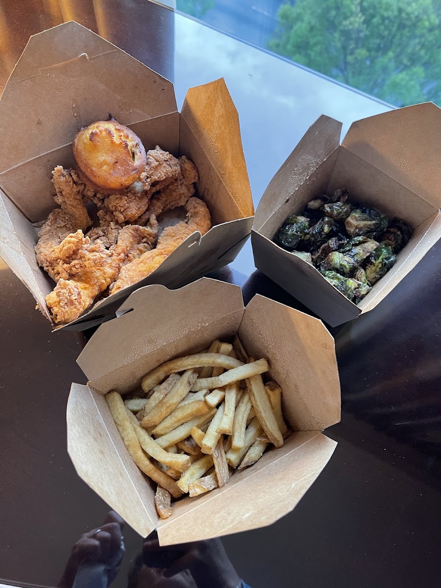 Chicken tenders, fries, brussel sprouts