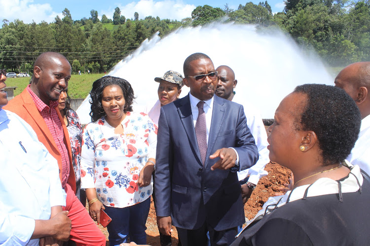 Governor Mwangi wa Iria with a team of MCAs at the Ndakaini dam spillover outlet on Tuesday