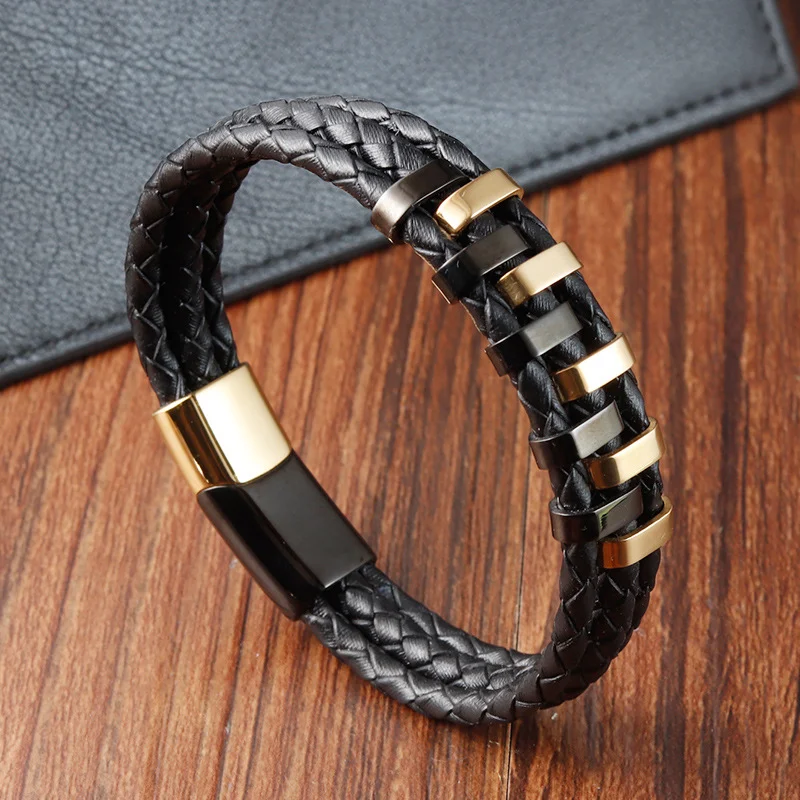 Bracelet tressé en cuir et acier inoxydable pour homme, élégant et durable, idéal pour un usage quotidien et les occasions spéciales.