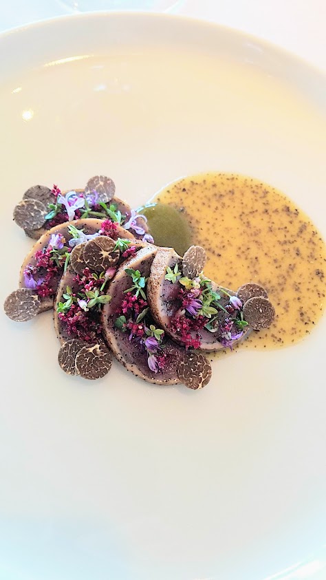 Wild Duck, Pickled Blackcurrant Leaves, Juniper and Aromatic Herbs course, the only meat course at Geranium, a three Michelin star restaurant in Copenhagen