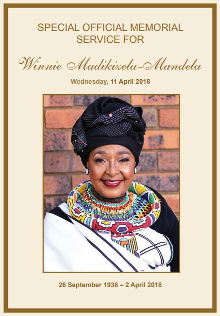 The programme of Winnie Madikizela-Mandela's memorial service at Orlando Stadium, Soweto.