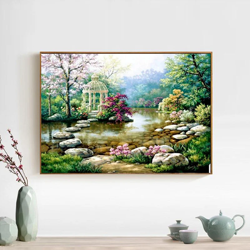 DIY Elmas Boyama Nakış Çapraz Dikiş Göl Bahçesi Kare veya Yuvarlak Elmas Mozaik Boyama Rahatlatıcı Hobi ve Sanat Eseri