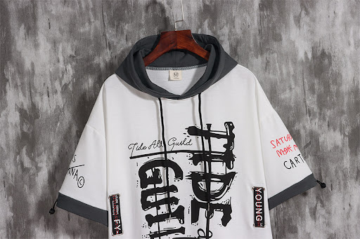 Title 3, Mens Loose Hooded Stitching Half Sleeve T-shir...