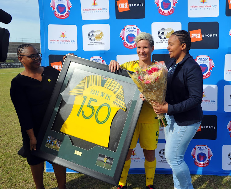 Banyana Banyana stalwart Janine van Wyk of South Africa awarded a jersey for 150th cap during Cosafa Women's Championship match against Malawi on September 17 2018 at Wolfson Stadium in Port Elizabeth.