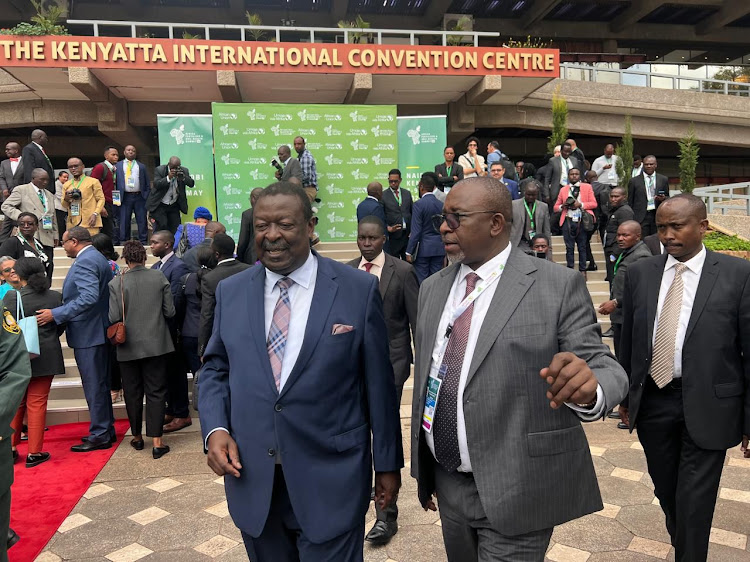 Prime Cabinet Secretary Musalia Mudavadi and Agriculture CS Mithika Linturi during the opening of the three days African Fertiliser and Soil Health Summit at the KICC.