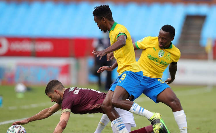 Marc van Heerden of Stellenbosch FC challenged by Lebohang Maboe and Themba Zwane of Mamelodi Sundowns during the Nedbank Cup, Last 32 match between Mamelodi Sundowns and Stellenbosch FC at Loftus Versfeld Stadium on February 3 2021 in Pretoria.