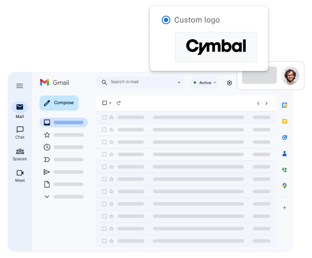 A stylised view of the Gmail interface highlighting the custom logo of the user's company.