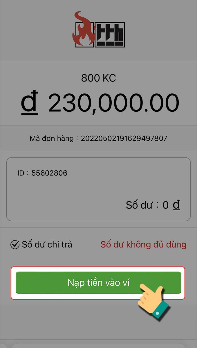 Chọn nạp tiền vào ví 