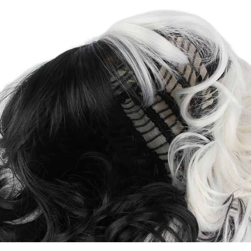 Peluca Cruella de Vil Cosplay Anime Cabello Corto Rizado Blanco y Negro Disfraz Ideal para Fiestas Temáticas y Eventos