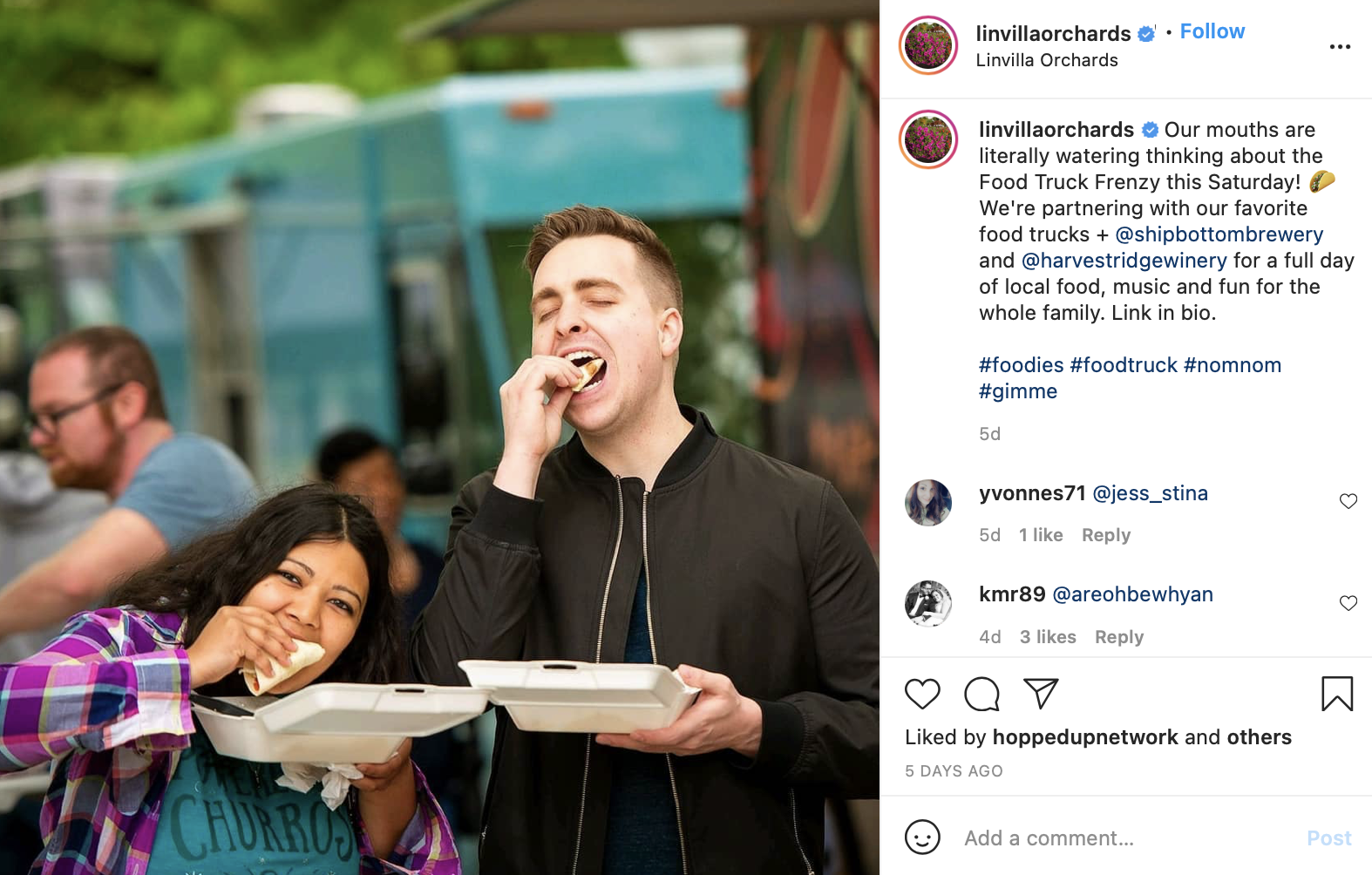 couple diving into food at a food truck