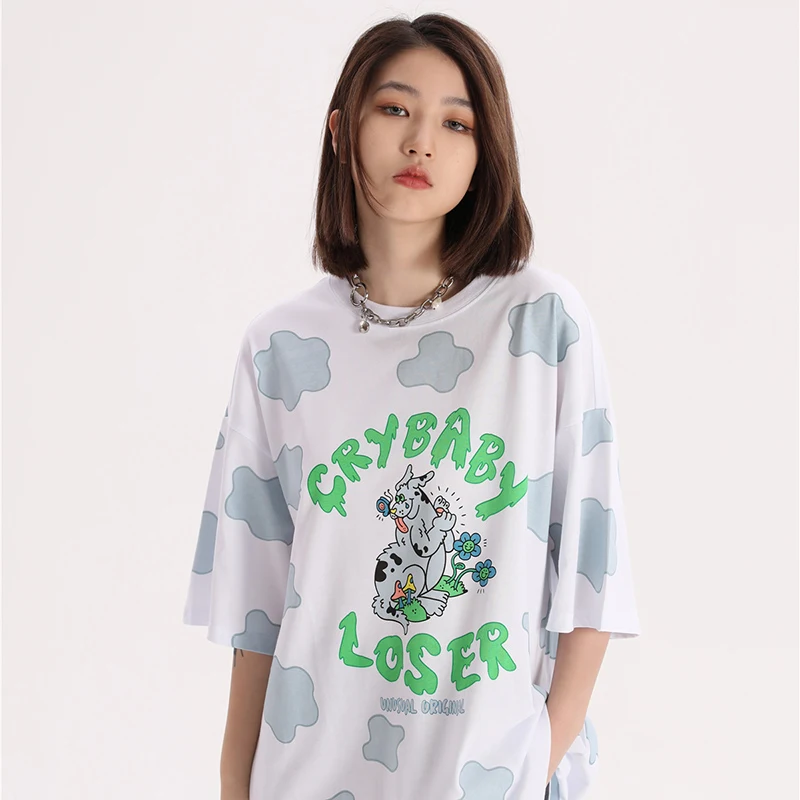 New Cow Pattern Full Print Cartoon Couple Student Summer Short-Sleeved Trendy Brand T-Shirt
