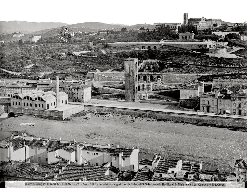 La rampa di San Niccolò, foto Alinari. Nel riquadro la basilica di San Miniato, la chiesa ed il convento di San Salvatore ed il Piazzale Michelangelo collegato al Lungarno attraverso le Rampe

