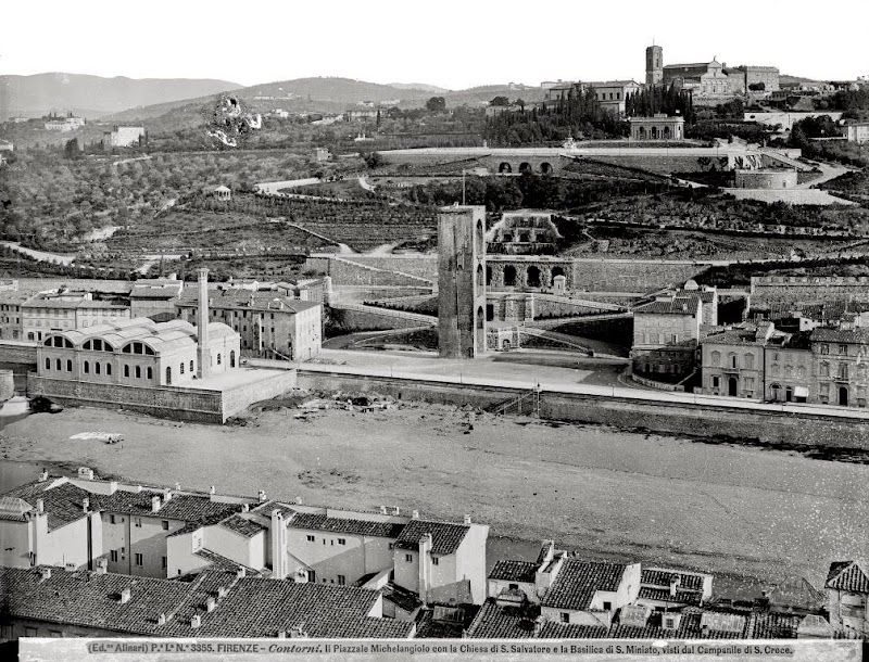 La rampa di San Niccolò, [Archivo Alinari]. Nel riquadro la basilica di San Miniato, la chiesa ed il convento di San Salvatore ed il Piazzale Michelangelo collegato al Lungarno attraverso le Rampe [Foto di Giacomo Brogi]

