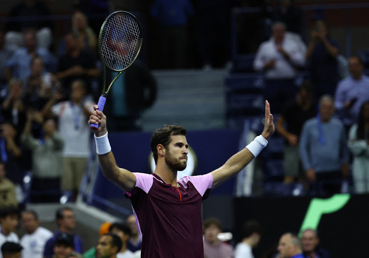 Russia's Karen Khachanov celebrates after winning his quarter final match against Australia's Nick Kyrgios at the US Open in Flushing Meadows, New York, the US, September 7 2022. Picture: MIKE SEGAR/REUTERS