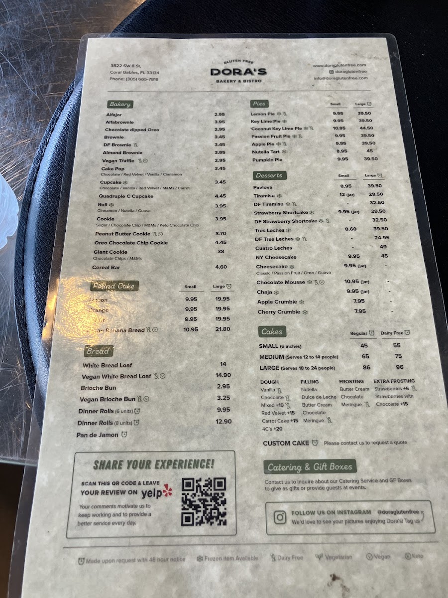 Dora's Bakery and Bistro gluten-free menu