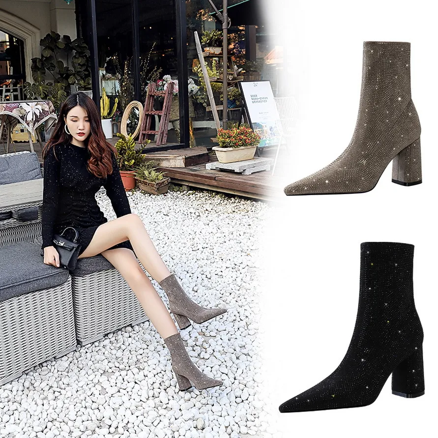Title 4, Bottines à talons épais pour femmes avec strass...