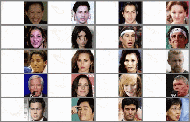 An AI replicates the tone, general shape, and outlines the key features, of 20 celebrity faces. It doesn't get very detailed, but it is clearly reproducing the originals to an extent.