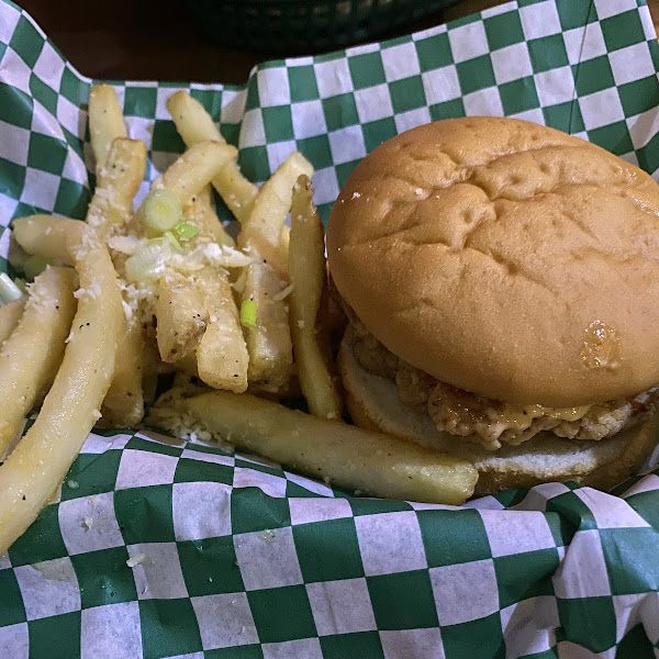 Gluten free fried chicken sandwich and Parmesan fries