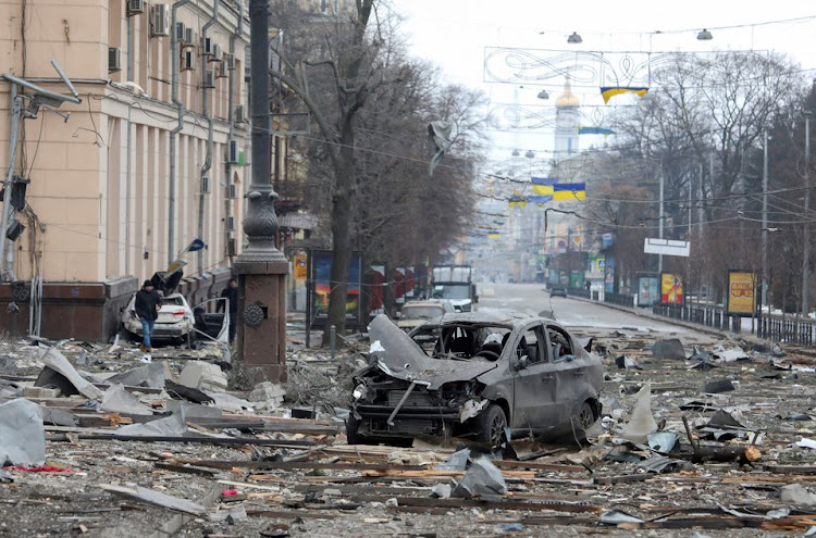 A view shows the area near the regional administration building, which city officials said was hit by a missile attack, in central Kharkiv, Ukraine, March 1, 2022.