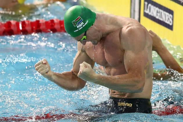 Cameron van der Burgh of South Africa celebrates victory in the Men's 50m Breaststroke Final on day five of the Gold Coast 2018 Commonwealth Games at Optus Aquatic Centre on April 9, 2018 on the Gold Coast, Australia