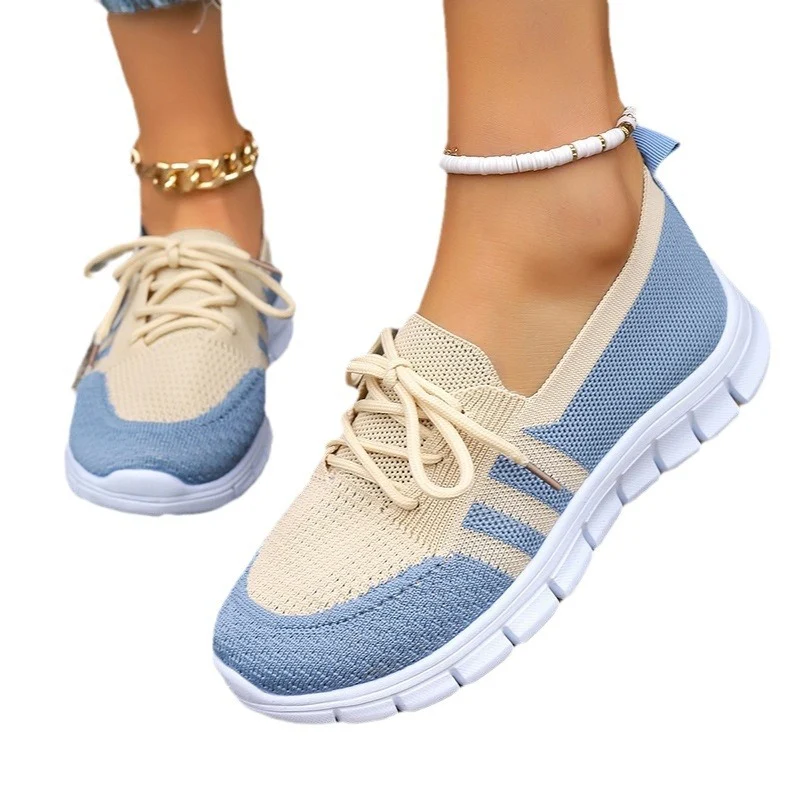 Damskie Buty Sportowe Codzienne Fly Woven Mesh z Sznurowaniem i Kolorowymi Blokami, Płaskie i Wygodne, Idealne na Co dzień