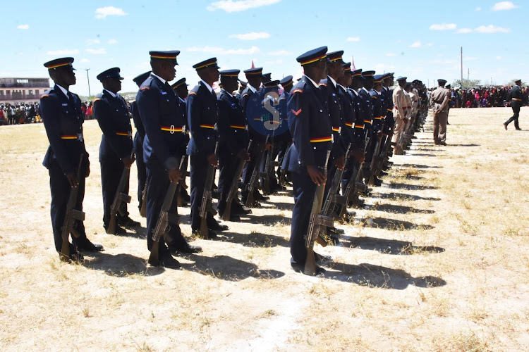 Insepctorate officers line up during the 60th Madaraka Day celebrations in Merti, Isiolo County on June 1, 2023