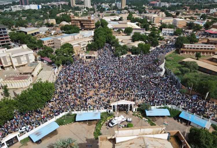 Demonstrators gather in support of the putschist soldiers in Niamey, the capital city of Niger, on July 30 2023.