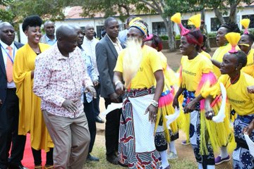 Deputy President Rigathi Gachagua breaks into a dance during a fundraiser at St Charles Lwanga, Kitui, on June 3, 2023.