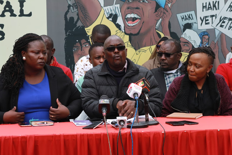 KHRC executive director Davis Malombe addresses the media on the state of the nation, one year into William Ruto's presidency at KHRC Valley Arcade on September 13, 2023 / WINNIE WANJIKU